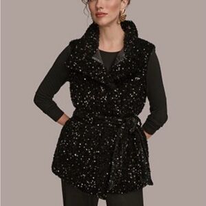 DKNY Black Sequin Belted Vest Jacket